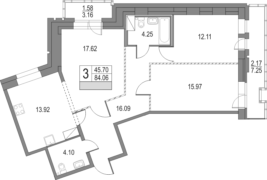 3-комнатная квартира 84.06 м², 14/17 эт., ЖК «Приморский квартал»